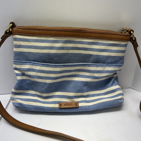 Fossil Handbags - Fossil Fiona Small Crossbody Purse Canvas Chambray & White Stripe EUC